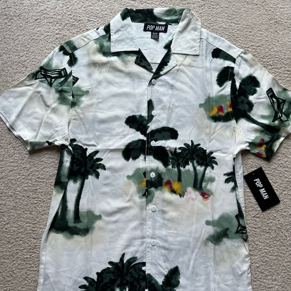 Pop Man Men's Short Sleeve Button Up Shirt Palm Tree Beach Print Green White S - Picture 2 of 13